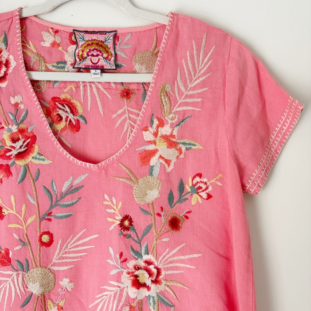 Johnny Was Pink Embroidered V-Neck Tunic Top - Picture 3 of 10